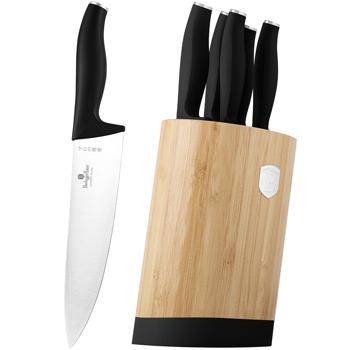 Preview: Elegantes Messerset mit Bambus-Ständer, 6-tlg., mattschwarz: Scharfe Küchenmesser, hochwertig, robust & perfekte Geschenkidee für Kochliebhaber