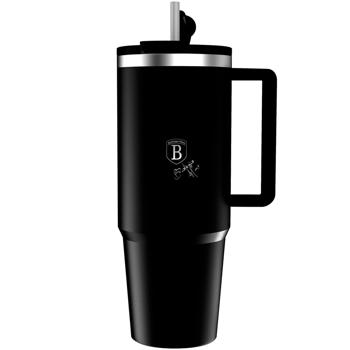 Preview: Trendiger Thermobecher mit Strohhalm, matt-schwarz, 1L: Hält Getränke lange heiss oder kalt, auslaufsicher, Tumbler ideal für unterwegs, Büro & Sport