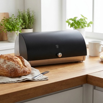 Preview: Moderner Brotkasten, Edelstahl, mattschwarz-silber, 38,5 x 28 x 18,5 cm, für langanhaltende Frische & stilvolle Brot-Aufbewahrung