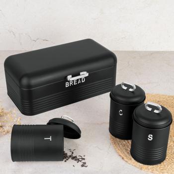 Preview: Vintage-Vorratsbehälter-Set: Edelstahl, edles matt-schwarz, Brotbox, Kaffeedose, Zuckerdose, Teedose mit Aufdruck, für nostalgische & stilvolle Aufbewahrung