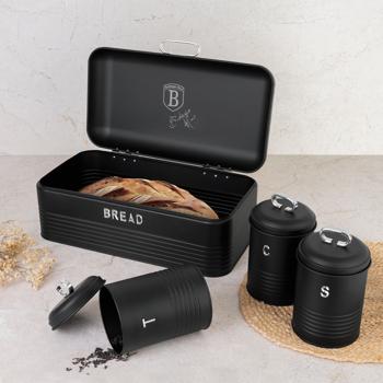 Preview: Vintage-Vorratsbehälter-Set: Edelstahl, edles matt-schwarz, Brotbox, Kaffeedose, Zuckerdose, Teedose mit Aufdruck, für nostalgische & stilvolle Aufbewahrung