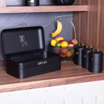 Preview: Vintage-Vorratsbehälter-Set: Edelstahl, edles matt-schwarz, Brotbox, Kaffeedose, Zuckerdose, Teedose mit Aufdruck, für nostalgische & stilvolle Aufbewahrung