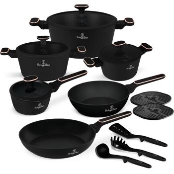 Preview: 15-tlg. Design-Kochset, edles schwarz-roségold – Töpfe, Pfannen & Kochbesteck mit dreifacher TitanPro-Antihaftbeschichtung, auch für Induktion