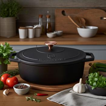 Hochwertiger Gusseisenbräter mit Deckel, oval, 5,5 Liter, schwarz-roségold - Für perfektes Schmoren & Braten - Robust & langlebig kochen