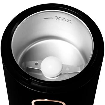 Preview: Leistungsstarke elektrische Kaffeemühle (150W), schwarz-roségold: Mahlt Kaffeebohnen schnell & aromatisch für besten Geschmack, einfache Bedienung