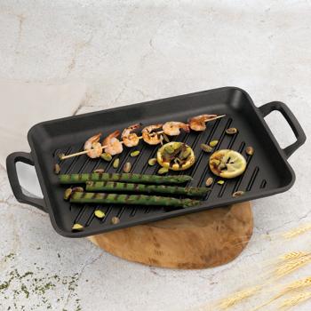 Hochwertige rechteckige Grillplatte aus Gusseisen (33x22 cm) mit Griffen: Für authentische Grillstreifen & Aromen, vielseitig & ideal für Fleisch, Gemüse & Fisch