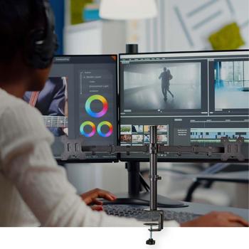 Preview: Vollbewegliche Doppel-Monitorhalterung für den Schreibtisch: Mehr Platz & Komfort, neigbar, drehbar & höhenverstellbar, für 2 Bildschirme