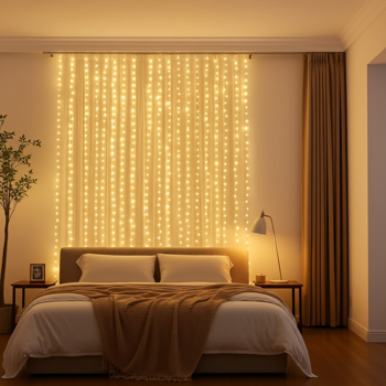 2er-Set Eleganter LED-Lichtervorhang mit Fernbedienung, warmweiss, 200 LEDs, 3x3m: Gemütliche Beleuchtung & Romantische Deko für Schlafzimmer&Wohnzimmer