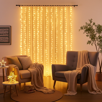 Preview: 2er-Set Eleganter LED-Lichtervorhang mit Fernbedienung, warmweiss, 200 LEDs, 3x3m: Gemütliche Beleuchtung & Romantische Deko für Schlafzimmer&Wohnzimmer