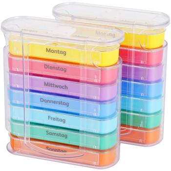 2er Set Medikamentenbox 7 Tage: Bunt, 4 Fächer täglich – Ein Wochen-Pillendosierer für einfache, sichere Einnahme & Übersicht