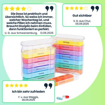 Preview: 2er Set Medikamentenbox 7 Tage: Bunt, 4 Fächer täglich – Ein Wochen-Pillendosierer für einfache, sichere Einnahme & Übersicht