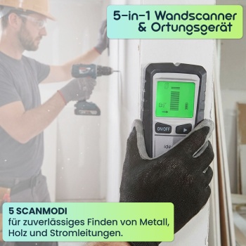 Preview: 5-in-1 Wandscanner & Ortungsgerät – Präzises Suchgerät für Metall, Holz & Stromleitungen, mit beleuchtetem Display & akustischem Warnsignal