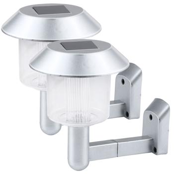 2er-Set Solar-Wandleuchte silber - Zeitlose Eleganz für Aussenwände & Eingangsbereiche - Dämmerungssensor - Kaltweiss - 6-8h Akkulaufzeit - 14x9.5x12 cm