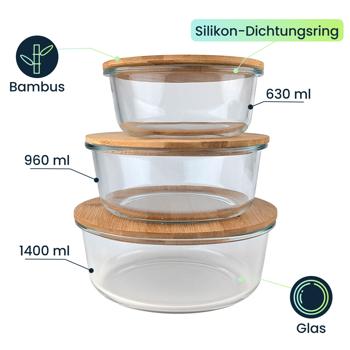 Preview: 2er-Set Hochwertige Vorratsdosen mit Deckel, rund, Glas/Bambus, 3 Grössen: Vorratsgläser für Aromaschutz & eine stilvolle Ordnung