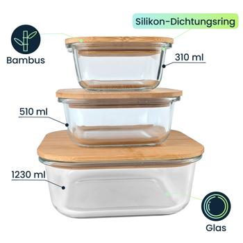 Preview: 2er-Set Hochwertige Vorratsdosen mit Deckel, quadratisch, Glas/Bambus, 3 Grössen: Vorratsgläser für Aromaschutz & eine stilvolle Ordnung