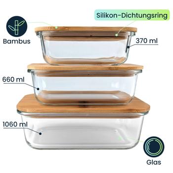 Preview: 6er-Set Hochwertige Vorratsdosen mit Deckel, rechteckig, Glas/Bambus, 3 Grössen: Vorratsgläser für Aromaschutz & eine stilvolle Ordnung