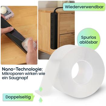 Preview: 2er-Set Doppelseitiges Nano-Klebeband Transparent (5m x 50mm): Starke 110g/cm² Haltekraft, Wiederverwendbar, spurlos ablösbar