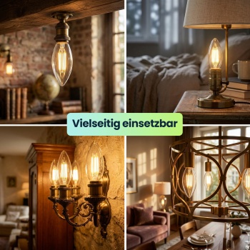 Preview: 6er-Set LED Filament Kerzenlampe C35 E14 4W 400lm Warmweiss 2500K Vintage Glühbirne Retro Glühlampe Warmes Licht Windlicht Kerzenform