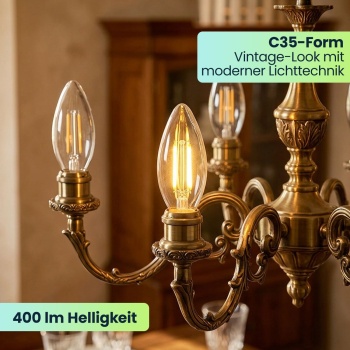 Preview: 6er-Set LED Filament Kerzenlampe C35 E14 4W 400lm Warmweiss 2500K Vintage Glühbirne Retro Glühlampe Warmes Licht Windlicht Kerzenform