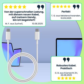 Preview: 2er-Set USB-C Ladekabel, weiss, 1,5 m: Schnellladen für Handy, Tablet & Laptop, Robust, flexibel & zuverlässig für Samsung, Xiaomi, iPad uvm.