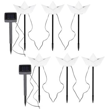 2er-Set Solar-Dekoleuchten 3 Papierschiffe (weiss): 28,5cm Höhe, inkl. Erdspiess – dekorative Solarlampen in Bootsform für stimmungsvolle Beleuchtung
