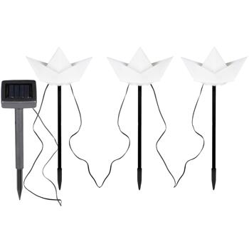 Preview: 2er-Set Solar-Dekoleuchten 3 Papierschiffe (weiss): 28,5cm Höhe, inkl. Erdspiess – dekorative Solarlampen in Bootsform für stimmungsvolle Beleuchtung