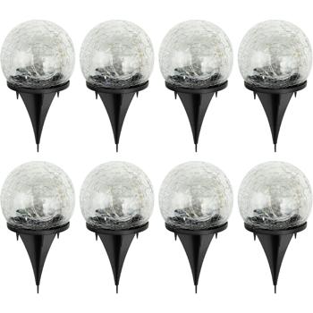 Preview: Stimmungsvolles 8er Set Solar Kugelleuchten Crackle Glas mit Erdspiess: Gartenbeleuchtung mit warmweissem LEDs, wetterfest, ideal für Rasen & Beete
