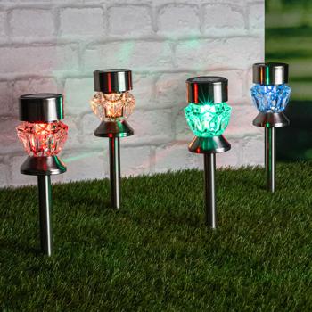 Preview: Dekorative Solar Gartenleuchten Stecker (RGB & Warmweiss, Ø7x36cm), 4er-Set: Beleuchtung für Beet & Rasen, farbige Akzente & gemütliches Weisslicht