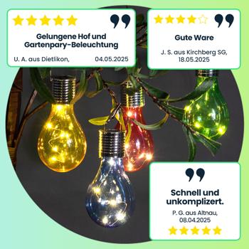 Preview: Solar LED Lampe in Glühbirnen Form, 8er-Set, bunt, Ø 7,5 x H 15 cm, Deko Glühbirne mit Drahtlichterkette für edle Lichteffekte, Partyleuchten
