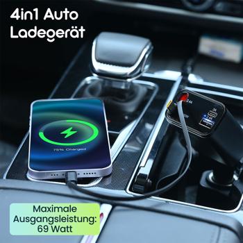 Preview: 4in1 KFZ-Ladegerät 69W - PD 3.0 Schnellladen - Aufrollbares USB-C & Lightning Kabel 80cm - 2 Zusatz-Ports - 12V-24V Aluminium-Gehäuse