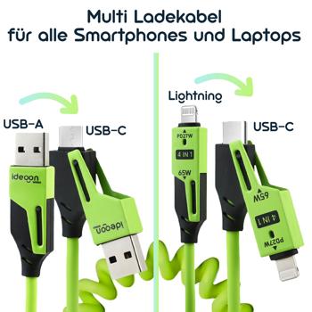 Preview: 2er-Set 4in1 Spiralladekabel 65W, USB-C auf USB-C mit Adaptern für USB-A & Lightning - Multi Ladekabel für alle Smartphones und Laptops