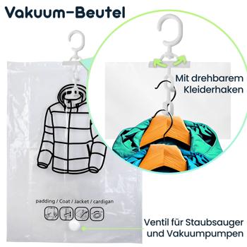 Preview: 12er-Set Vakuum-Beutel mit Kleiderhaken, 67 x 90 cm: Ein effiziente Kleiderhülle für Bettwäsche & Kleidung - Schützen Sie Ihre Textilien