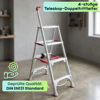Preview: Robuste 4-stufige Teleskop-Doppeltrittleiter: Eine stabile Stehleiter klappbar für Profis & Heimwerker, Haushaltsleiter bis 4 Stufen