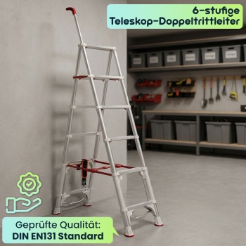 Preview: Robuste 6-stufige Teleskop-Doppeltrittleiter: Eine stabile Stehleiter klappbar für Profis & Heimwerker, Haushaltsleiter bis 6 Stufen