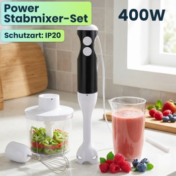 Preview: Power Stabmixer-Set 400W mit Zerkleinerer & Schneebesen – 4-in-1 Pürierstab-Set für Suppen & Smoothies, inkl. Messbecher