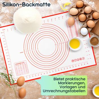 Preview: 2er-Set Silikon-Backmatte mit Messangaben & Schablonen, antihaftbeschichtet 60 x 40 cm – Vielseitige Teigmatte & Backunterlage für Backprofis