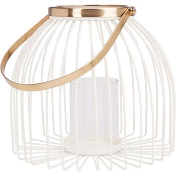 Metall-Windlicht mit Glaseinsatz - Stimmungsvolles Licht für Balkon, Garten & Tisch - Weiss-Gold Design, Ø 22 x 19,5 cm - Inkl. Henkel & Schattenspiel