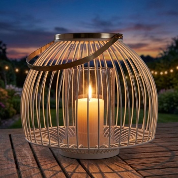 Preview: Grosses Windlicht aus Metall in Weiss-Gold 28 x 23cm- Elegante Laterne für eine stimmungsvolle & motivierende Atmosphäre im Garten, Balkon & Terrasse