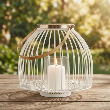 Grosses Windlicht aus Metall in Weiss-Gold 28 x 23cm- Elegante Laterne für eine stimmungsvolle & motivierende Atmosphäre im Garten, Balkon & Terrasse