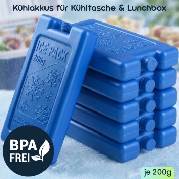 Preview: 6er Set Kühlakkus für Kühltasche & Lunchbox – je 200g, Kühlelemente flach & wiederverwendbar – BPA-freier Kühlakku für 12h Kühlung