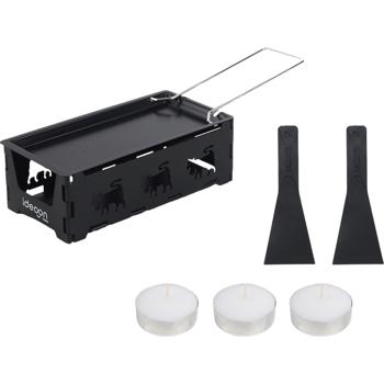 Preview: Faltbares Raclette-Teelicht für 1 -2 Personen, Raclette Set ohne Strom inkl. Teelichtern und Schaber, Metall mit originell ausgestanzten Kühen, antihaftbeschichtet