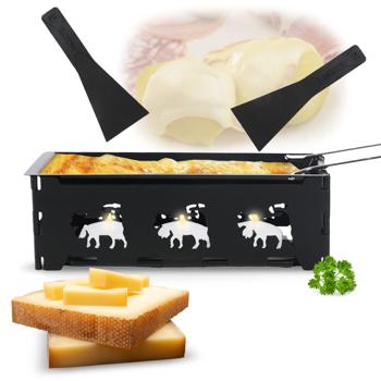 Faltbares Raclette-Teelicht für 1 -2 Personen, Raclette Set ohne Strom inkl. Teelichtern und Schaber, Metall mit originell ausgestanzten Kühen, antihaftbeschichtet