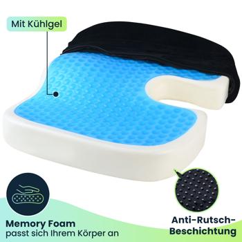 Preview: Komfortables Memory-Foam-Sitzkissen mit Kühlgel & Anti-Rutsch-Beschichtung, 44 x 35 x 8 cm - für lange Fahrten & Arbeitstage im Home-Office oder Büro