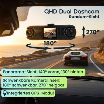 Preview: QHD Dual Dashcam – Premium Auto Kamera mit GPS & G-Sensor, IR-Nachtsicht, 2K Video-Qualität, zuverlässige 24h Ultra-Weitwinkel Überwachung
