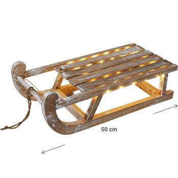Preview: Dekorativer Rustikaler Leuchtschlitten aus Holz mit 50 warmweissen LEDs und Timer-Funktion. Für festliche Deko, Weihnachten & gemütliche Winterabende
