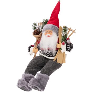 Weihnachtsmann sitzend mit Tasche & Skiern, grau/rot - Weihnachtsdeko für Fensterbank, Kamin & Adventszeit - ein Blickfang für Ihr festliches Zuhause