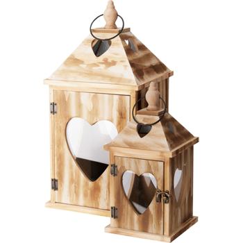 2er-Set Rustikale Laternen mit Herz - 2 Grössen, Deko-Kerzenlaternen für Haus und Garten, Landhaus Stil, Natur Finish