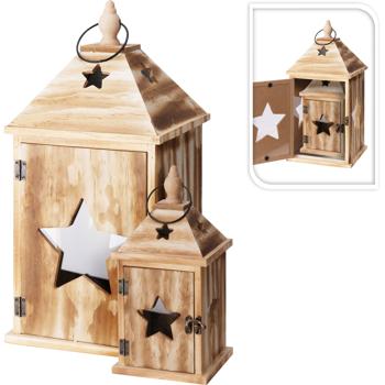 Preview: 2er-Set Rustikale Laternen mit Stern - 2 Grössen, Deko-Kerzenlaternen für Haus und Garten, Weihnachten, Landhaus Stil - Natur Finish