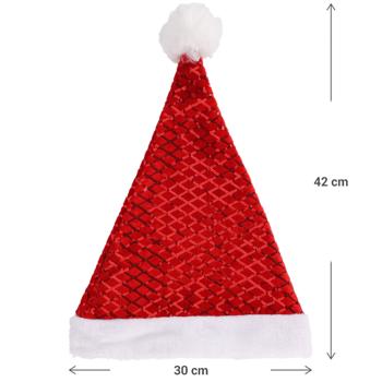 Preview: Glitzernde Weihnachtsmütze mit roten Pailletten, 42 x 30 cm. Ideales Weihnachts-Accessoire für Partys, Feiern und festliche Anlässe