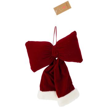 Preview: Festliche Hänge-Schleife 22 cm, Rot-Weiss - Edle Weihnachts-Deko aus Polyester für Türen, Wände, Geschenke, Party & u.v.m. 